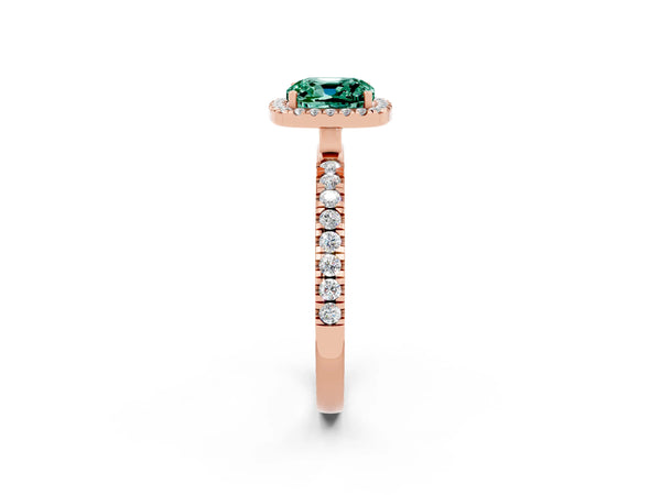 Rose gold Cushion Cut Green Sapphire Classic Halo Engagement Ring with Round Pavé Band and Prong Setting
