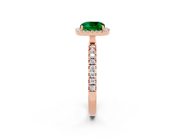 Rose gold Cushion Cut Emerald Classic Halo Engagement Ring with Round Pavé Band and Prong Setting