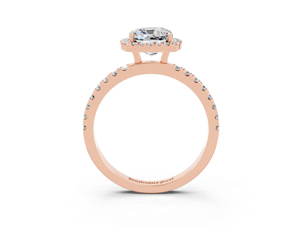 Rose gold Cushion Cut Moissanite Classic Halo Engagement Ring with Round Pavé Band and Prong Setting