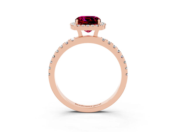 Rose gold Cushion Cut Garnet Classic Halo Engagement Ring with Round Pavé Band and Prong Setting
