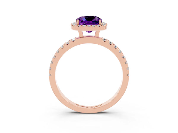 Rose gold Cushion Cut Amethyst Classic Halo Engagement Ring with Round Pavé Band and Prong Setting