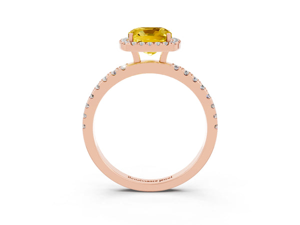 Rose gold Cushion Cut Yellow Sapphire Classic Halo Engagement Ring with Round Pavé Band and Prong Setting