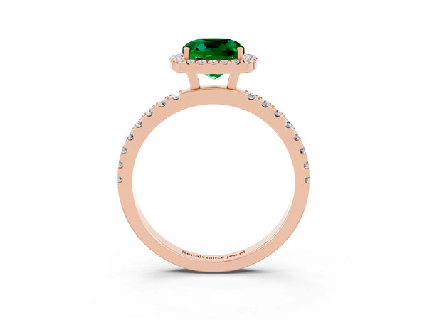 Rose gold Cushion Cut Emerald Classic Halo Engagement Ring with Round Pavé Band and Prong Setting