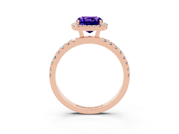 Rose gold Cushion Cut Tanzanite Classic Halo Engagement Ring with Round Pavé Band and Prong Setting