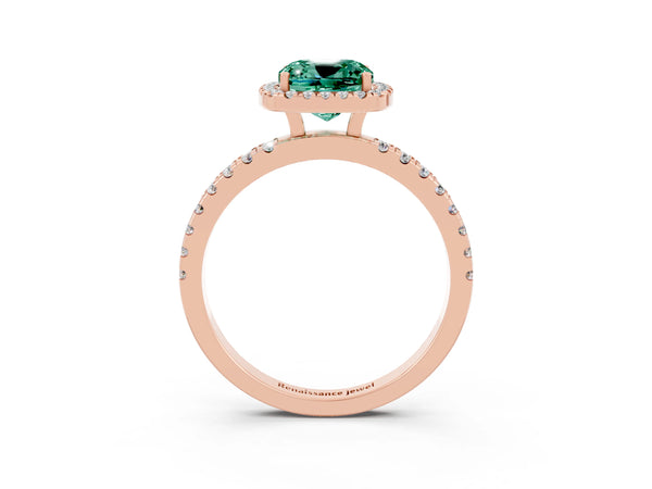 Rose gold Cushion Cut Green Sapphire Classic Halo Engagement Ring with Round Pavé Band and Prong Setting