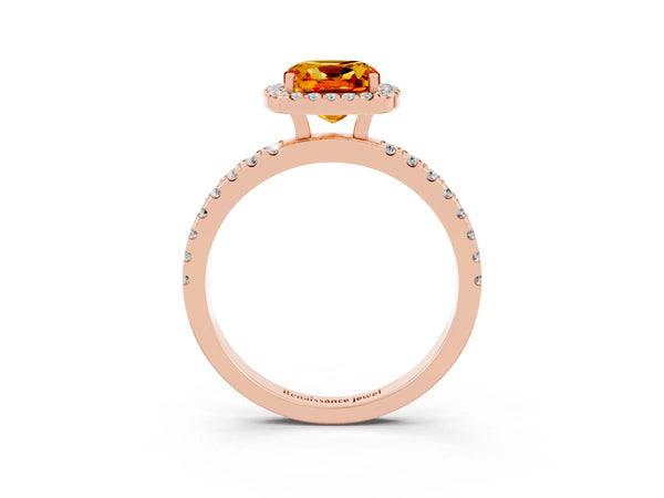 Rose gold Cushion Cut Citrine Classic Halo Engagement Ring with Round Pavé Band and Prong Setting