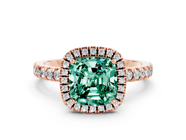 Rose gold Cushion Cut Green Sapphire Classic Halo Engagement Ring with Round Pavé Band and Prong Setting