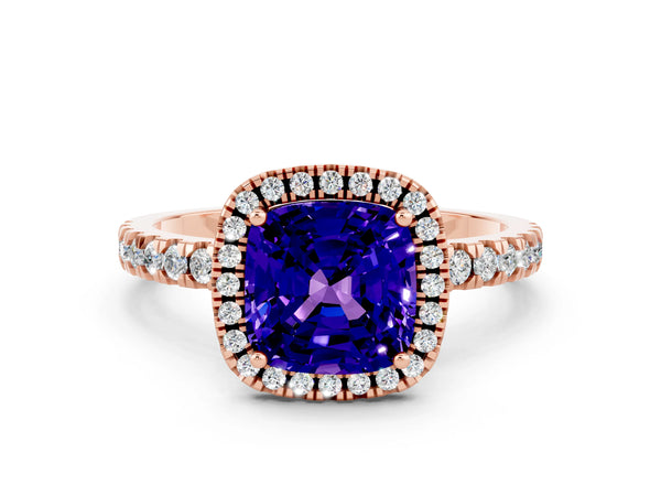 Rose gold Cushion Cut Tanzanite Classic Halo Engagement Ring with Round Pavé Band and Prong Setting