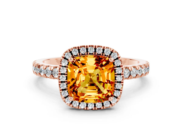 Rose gold Cushion Cut Citrine Classic Halo Engagement Ring with Round Pavé Band and Prong Setting