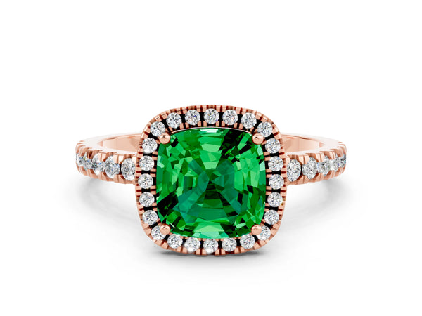 Rose gold Cushion Cut Emerald Classic Halo Engagement Ring with Round Pavé Band and Prong Setting