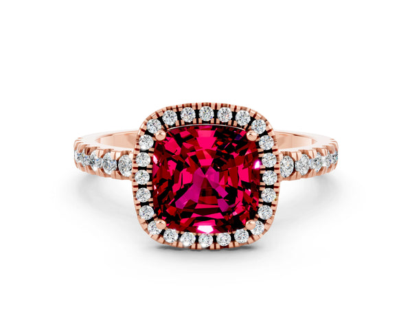 Rose gold Cushion Cut Garnet Classic Halo Engagement Ring with Round Pavé Band and Prong Setting