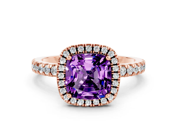 Rose gold Cushion Cut Amethyst Classic Halo Engagement Ring with Round Pavé Band and Prong Setting