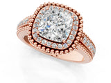 Rose gold Cushion Cut Halo Diamond Ring with Beaded Split Shank and Four-Prong Setting_10