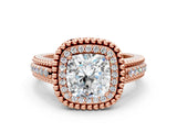 Rose gold Cushion Cut Halo Diamond Ring with Beaded Split Shank and Four-Prong Setting_9