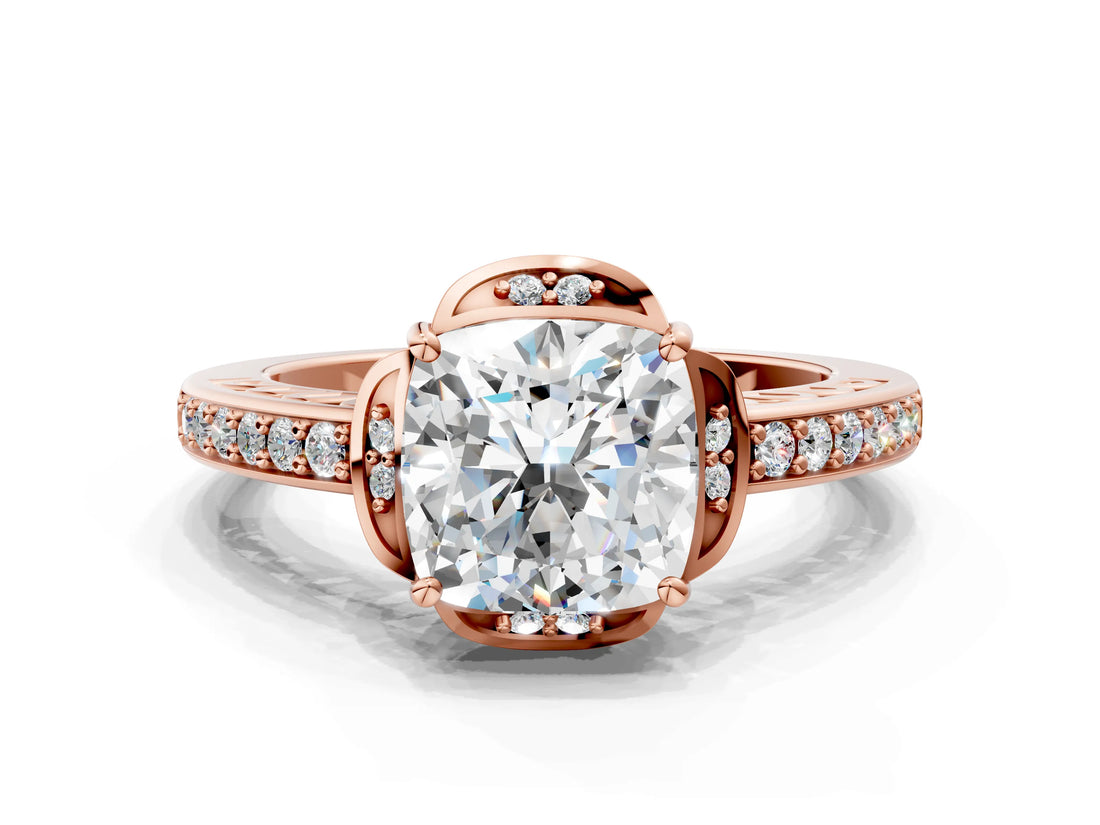 Rose gold Cushion Cut Halo Diamond Ring with Channel Set Band and Four-Prong Setting_32
