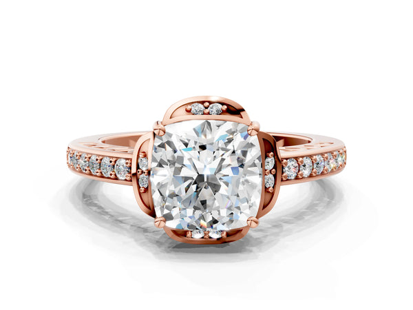 Rose Gold Cushion Cut Floral Engagement Ring Setting with Petal Accents and Pave Band