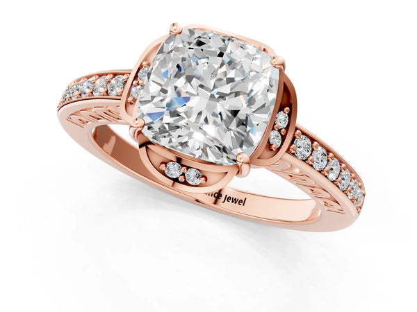 Rose Gold Cushion Cut Floral Engagement Ring Setting with Petal Accents and Pave Band