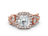 Rose gold Cushion Cut Halo Diamond Ring with Milgrain and Bezel Accents on a Split Shank Band_15