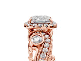 Rose gold Cushion Cut Halo Diamond Ring with Milgrain and Bezel Accents on a Split Shank Band_20