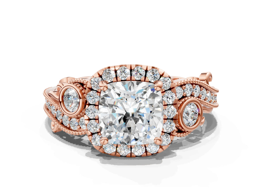Rose gold Cushion Cut Halo Diamond Ring with Milgrain and Bezel Accents on a Split Shank Band_27