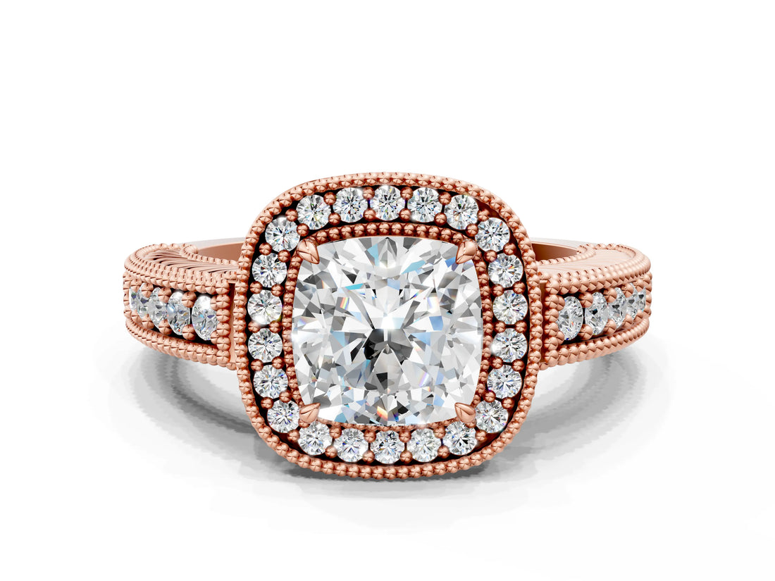 Rose gold Cushion Cut Halo Diamond Ring with Pavé Band and Four-Prong Setting_61