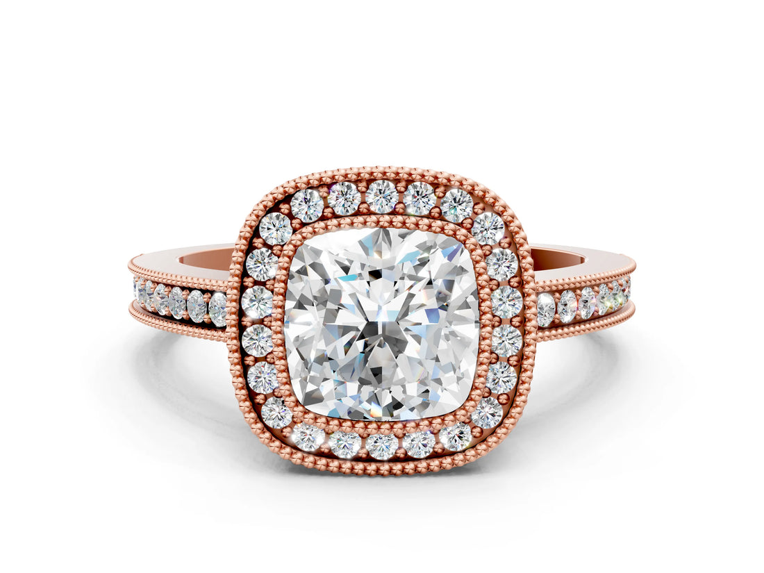 Rose gold Cushion Cut Halo Diamond Ring with Pavé Band and Milgrain Prong Setting_31