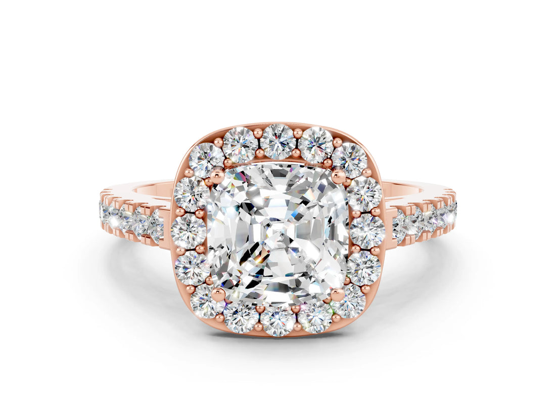 Rose gold Cushion Cut Halo Diamond Ring with Pavé Band and Three-Prong Setting