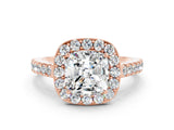 Rose gold Cushion Cut Halo Diamond Ring with Pavé Band and Three-Prong Setting