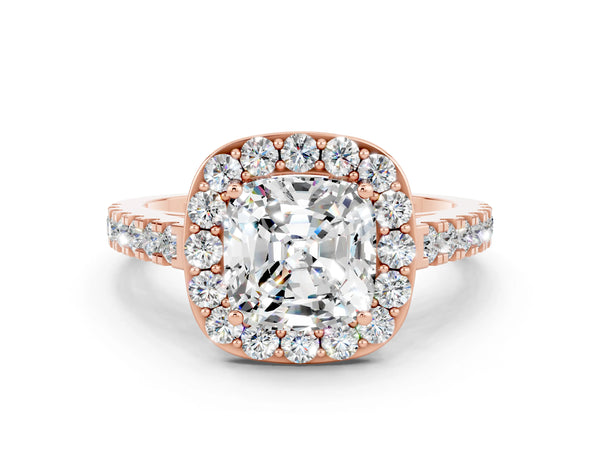Rose gold Cushion Cut Moissanite Halo Ring with Round Pavé Split Shank and Prong Setting