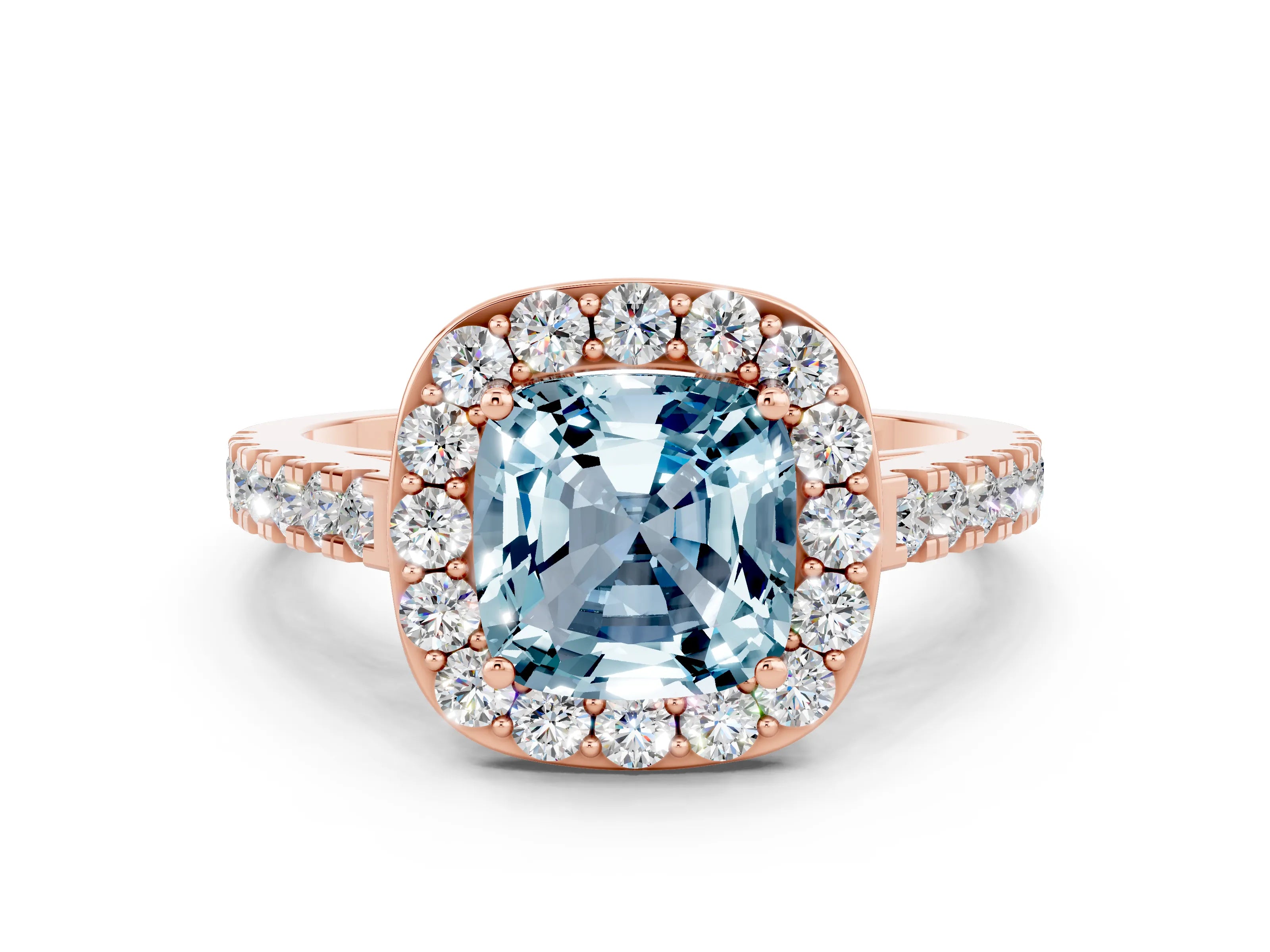 Rose gold Cushion Cut Halo Diamond Ring with Pavé Band and Three-Prong Setting