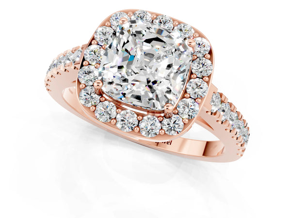 Rose gold Cushion Cut Moissanite Halo Ring with Round Pavé Split Shank and Prong Setting