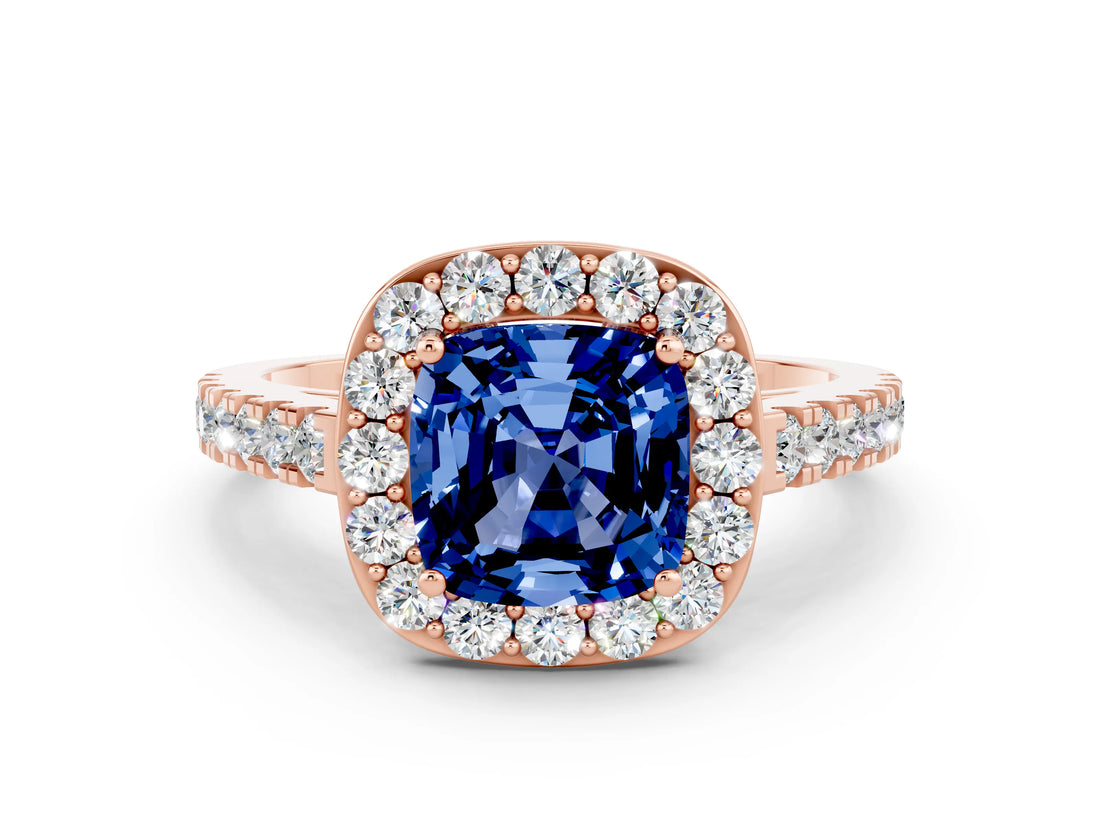 Rose gold Cushion Cut Halo Diamond Ring with Pavé Band and Three-Prong Setting_12