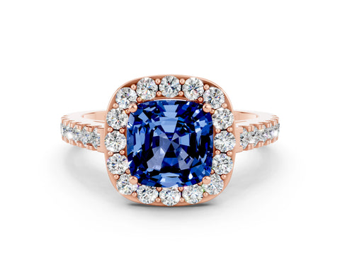 Rose gold Cushion Cut Halo Diamond Ring with Pavé Band and Three-Prong Setting_12