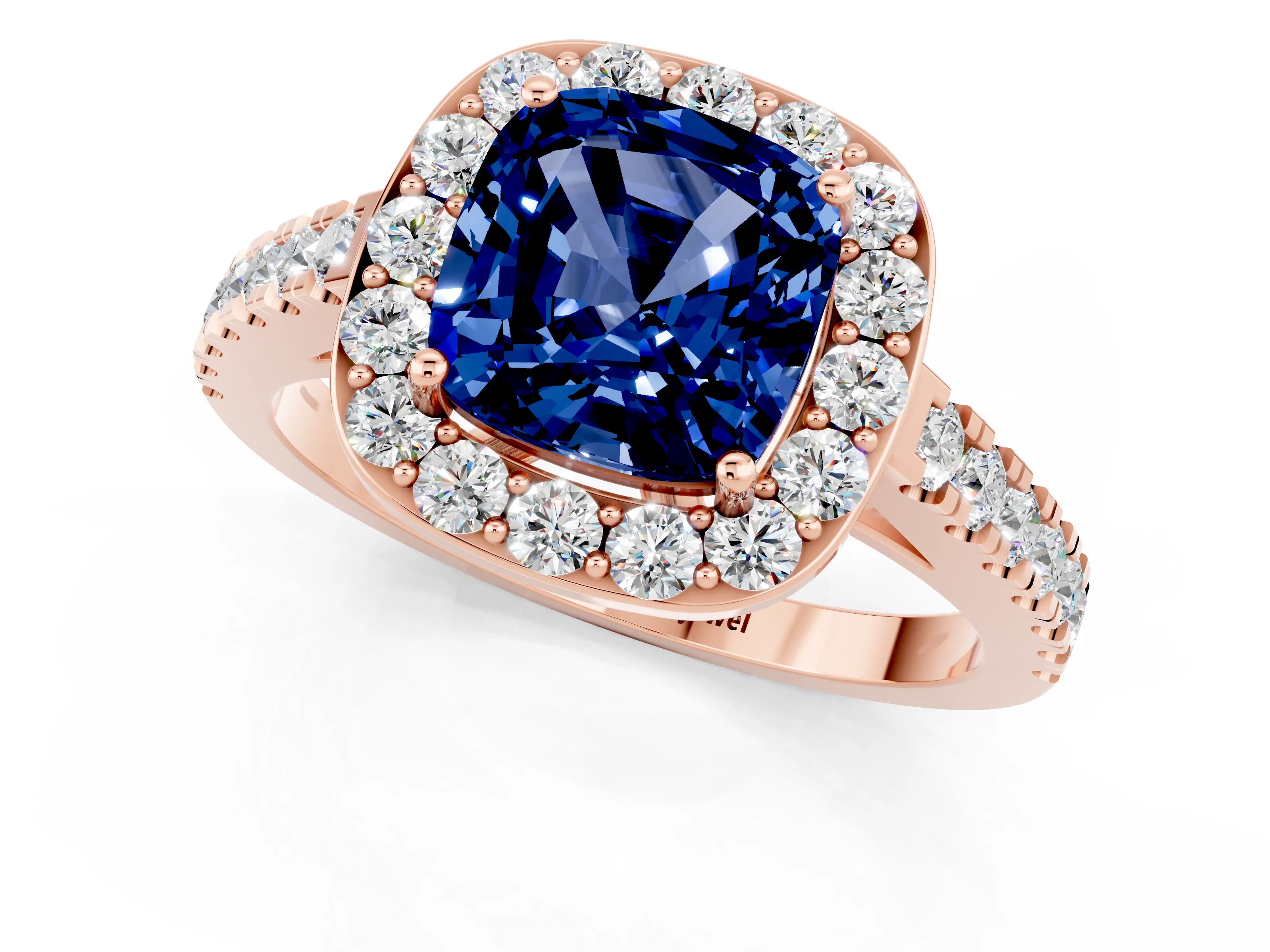 Rose gold Cushion Cut Halo Diamond Ring with Pavé Band and Three-Prong Setting_13