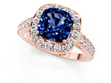 Rose gold Cushion Cut Halo Diamond Ring with Pavé Band and Three-Prong Setting_13