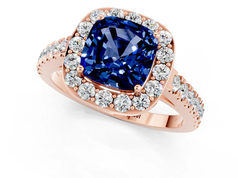 Rose gold Cushion Cut Halo Diamond Ring with Pavé Band and Three-Prong Setting_13