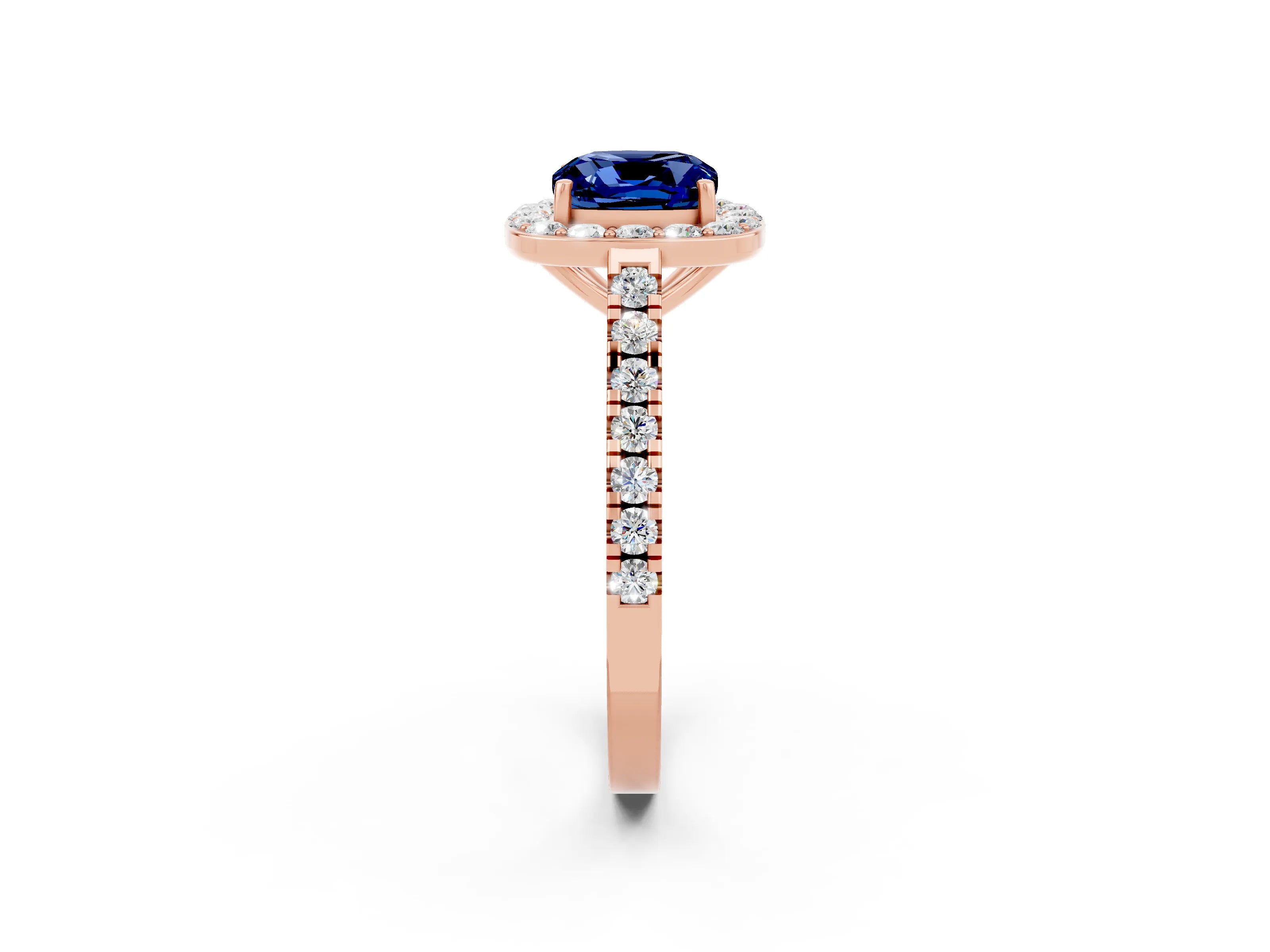 Rose gold Cushion Cut Halo Diamond Ring with Pavé Band and Three-Prong Setting_14
