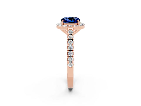 Rose gold Cushion Cut Halo Diamond Ring with Pavé Band and Three-Prong Setting_14