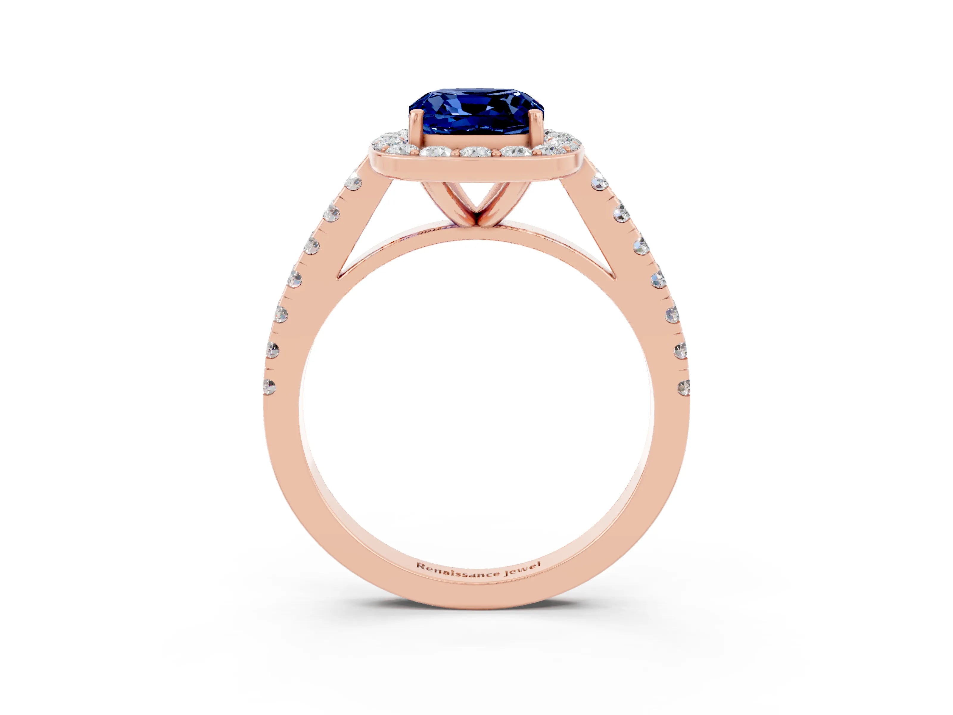 Rose gold Cushion Cut Halo Diamond Ring with Pavé Band and Three-Prong Setting_15