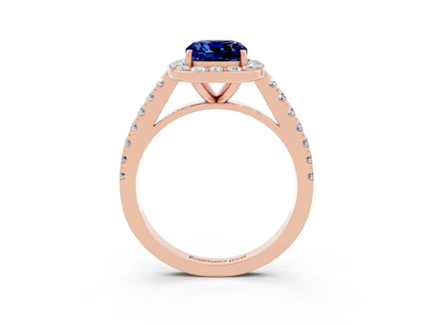 Rose gold Cushion Cut Halo Diamond Ring with Pavé Band and Three-Prong Setting_15