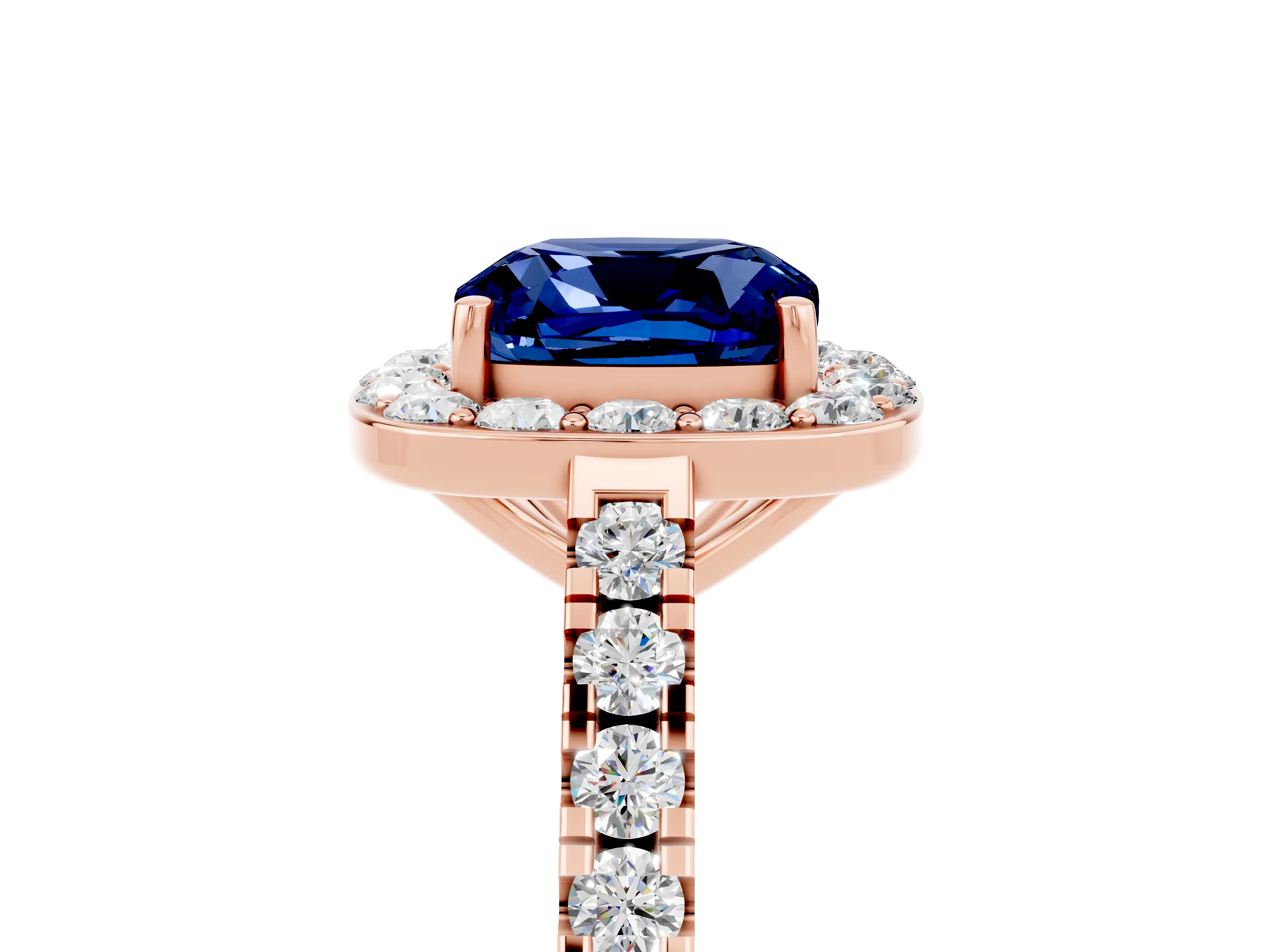 Rose gold Cushion Cut Halo Diamond Ring with Pavé Band and Three-Prong Setting_17