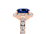 Rose gold Cushion Cut Halo Diamond Ring with Pavé Band and Three-Prong Setting_17