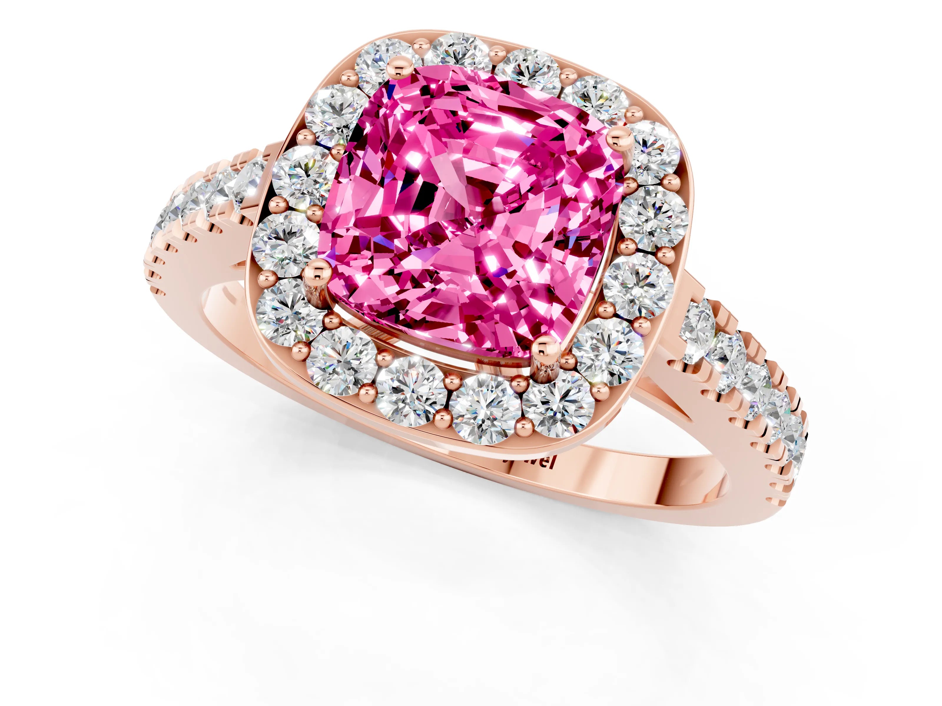 Rose gold Cushion Cut Halo Diamond Ring with Pavé Band and Three-Prong Setting_1