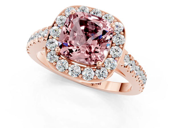 Rose gold Cushion Cut Halo Diamond Ring with Pavé Band and Three-Prong Setting