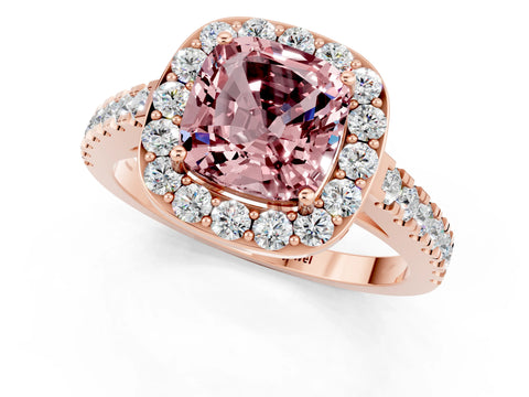 Rose gold Cushion Cut Halo Diamond Ring with Pavé Band and Three-Prong Setting_1