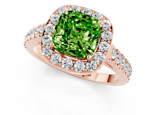 Rose gold Cushion Cut Halo Diamond Ring with Pavé Band and Three-Prong Setting