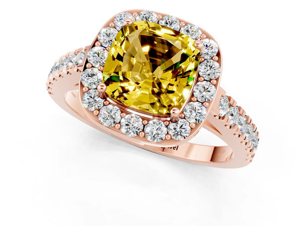 Rose gold Cushion Cut Yellow Sapphire Halo Ring with Round Pavé Split Shank and Prong Setting