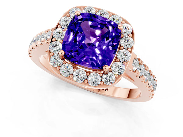 Rose gold Cushion Cut Tanzanite Halo Ring with Round Pavé Split Shank and Prong Setting