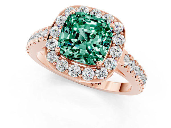 Rose gold Cushion Cut Green Sapphire Halo Ring with Round Pavé Split Shank and Prong Setting