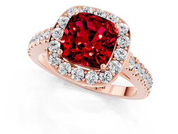 Rose gold Cushion Cut Ruby Halo Ring with Round Pavé Split Shank and Prong Setting